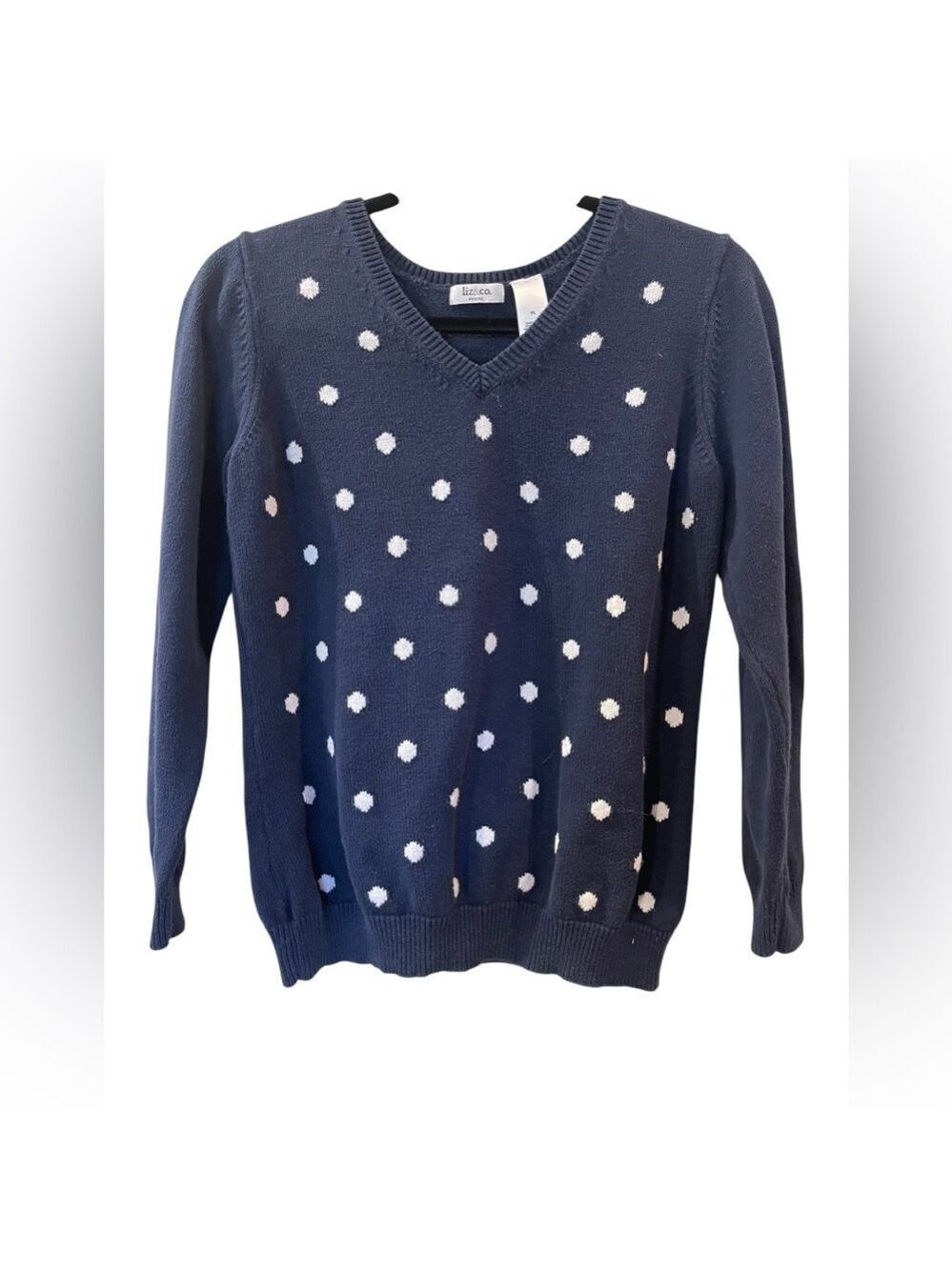 Liz & Co Women’s Blue White Polka Dot Sweater 100% Cotton V-neck Petite Large